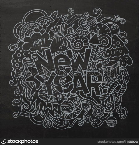 New year hand lettering and doodles elements chalk board background. Vector illustration. New year hand lettering and doodles elements chalk board backgrond