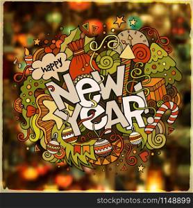 New Year hand lettering and doodles elements vector illustration. Blurred background.. New Year hand lettering and doodles elements vector illustration