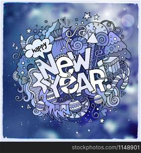 New Year hand lettering and doodles elements vector illustration. Blurred background.. New Year hand lettering and doodles elements vector illustration