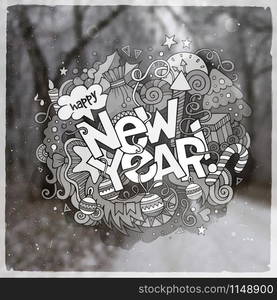 New Year hand lettering and doodles elements vector illustration. Blurred nature background.. New Year hand lettering and doodles elements vector illustration