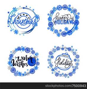 New Year, Happy Holidays and warm wishes, cookies for Santa lettering doodle with wintertime branch and snowflakes. Sweets confectionery in wreath tag. New Year, Happy Holidays Warm Wishes Santa Cookies