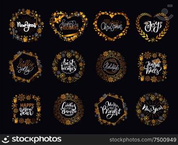 New Year, Happy Holidays and warm wishes, cookies for Santa lettering text. Holly Jolly, Merry Christmas, Xmas greeting cards with ornamental golden frames. Happy New Year and Merry Christmas Cards in Wreath