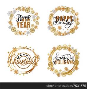 New Year, Happy Holidays and warm wishes, lettering doodle, wintertime branch and snowflakes. Sweets confectionery vector in wreath of snowflakes, isolated. New Year, Happy Holidays Warm Wishes Santa Cookies