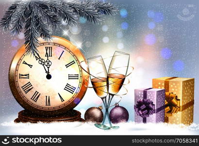 New Year Holiday background with a gift boxes and two glasses of champange. Vector.