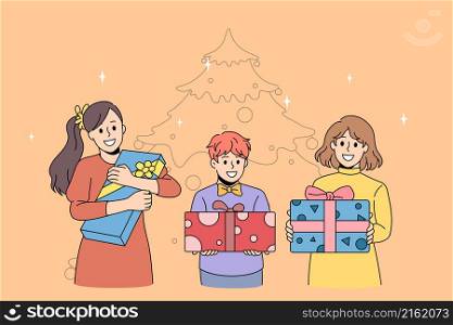 New year holidays celebration concept. Group of happy excited kids children standing holding present boxes in hands with Christmas tree at background vector illustration . New year holidays celebration concept