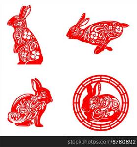New Year Horoscope Red Rabbits Decoration With Flowers. Vector Flat Design Collection Set Isolated On Transparent Background