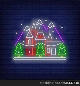 New Year house in mountains neon sign. Glowing neon fir trees, garlands, building. New year, Christmas, winter. Vector illustration in neon style for greeting card, invitation, announcement