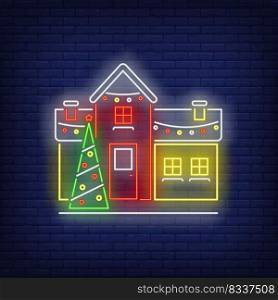 New Year house neon sign. Glowing neon fir trees, garlands, building. New year, Christmas, winter. Vector illustration in neon style for greeting card, invitation, announcement