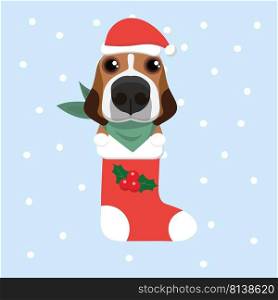 New Year Icon dog. The puppy sits in a Christmas sock. 