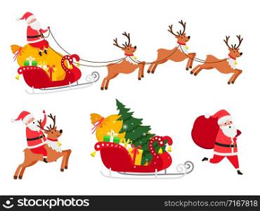 New Year icons set, deers and Christmas tree, Santa sledge vector icons on white background. Christmas Santa icons set