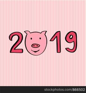 New Year illustration. Handwritten Christmas card with pig. Pink new year typography print. 2019 cute poster or banner. New Year illustration. Handwritten Christmas card with pig. Pink new year typography print. 2019 cute poster or banner.
