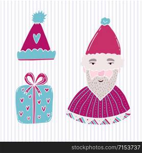 New year illustrations. Santa claus, gift box and hat. Christmas funny design elements. New year illustrated design. New year illustrations. Santa claus, gift box and hat. Christmas funny design elements. New year illustrated design.
