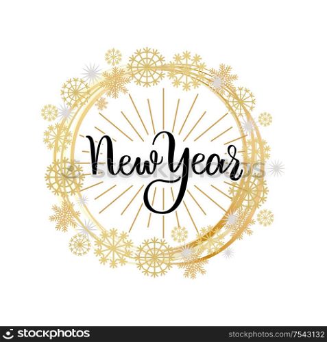 New Year lettering hand drawn doodle text, Merry Christmas typography greeting cards and postcards design. Vector winter wreath tag with snowflakes. New Year Lettering Hand drawn Text Merry Christmas
