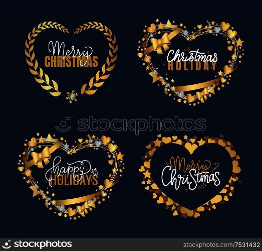 New Year, Merry Christmas warm wishes, lettering doodle with wintertime wreath of snowflakes. Vector calligraphy inscriptions in decorative frames. New Year, Merry Bright Wishes, Lettering Doodles