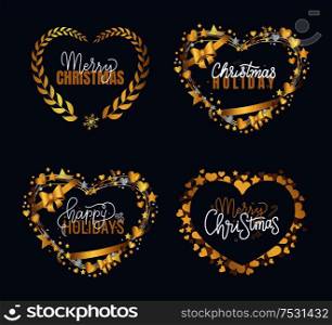 New Year, Merry Christmas warm wishes, lettering doodle with wintertime wreath of snowflakes. Vector calligraphy inscriptions in decorative frames. New Year, Merry Bright Wishes, Lettering Doodles
