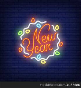 New Year neon sign with garland. Christmas concept for night bright advertisement. Vector illustration in neon style for Christmas, New Year, holiday