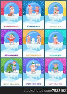 New Year of pig 2019, winter holiday festive posters. Symbolic zodiac animal in costume of Santa or Elf, snowman and Christmas tree vector illustration. New Year of Pig, Winter Holiday Festive Posters