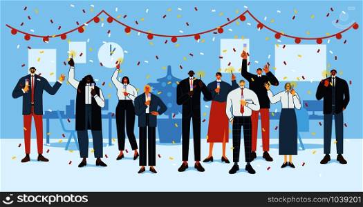 New Year office party. Happy employees celebrate holidays, business office crew christmas party and corporate people celebrate together flat vector illustration. Company staff with sparklers. New Year office party. Happy employees celebrate holidays, business office crew christmas party and corporate people celebrate together flat vector illustration. Firm personnel with sparklers