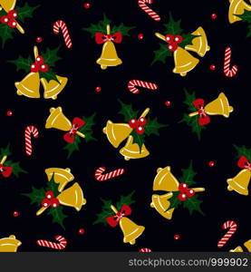 New Year or Christmas Seamless pattern with bells and mistletoe. Design element for fabric, textile, wallpaper, scrapbooking.. New Year or Christmas Seamless pattern with bells and mistletoe.
