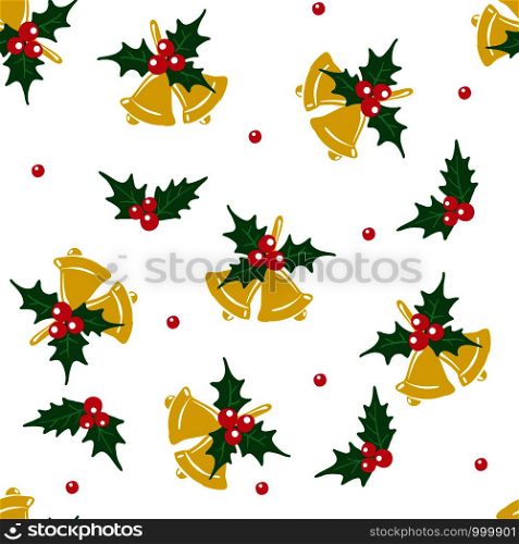 New Year or Christmas Seamless pattern with bells and mistletoe isolated on white background. Design element for fabric, textile, wallpaper, scrapbooking.. New Year or Christmas Seamless pattern with bells and mistletoe.