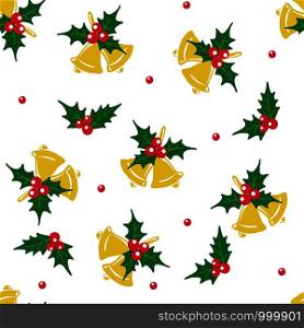 New Year or Christmas Seamless pattern with bells and mistletoe isolated on white background. Design element for fabric, textile, wallpaper, scrapbooking.. New Year or Christmas Seamless pattern with bells and mistletoe.