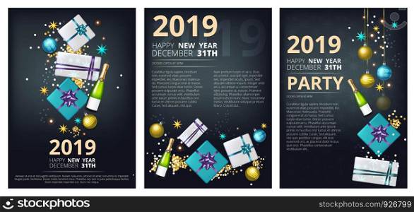 New year party brochure. Holiday christmas 2019 celebration invitation business placard vector template with place for your text. New year party brochure. Holiday christmas 2019 celebration invitation business placard vector template with text