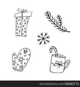 New year party doodle elements in black isolated over white background. New Years and Christmas hand drawn doodle. Vector illustration. New year party doodle elements in black isolated over white background. New Years and Christmas hand drawn doodle