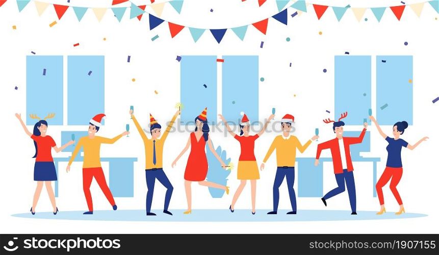 New year party in office. Business team celebrate. Vector illustration in flat style. New year party in office. Business team celebrate.