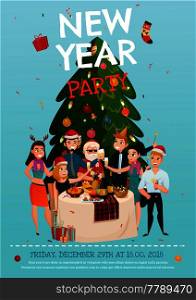 New year party poster with people around festive table under christmas tree on blue background vector illustration. New Year Party Poster