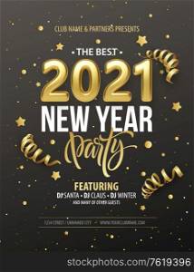 New Year party typography poster with 2021 gold realistic inscription, gift bow, golden tinsel and golden confetti on a black background. Vector illustration EPS10. New Year party typography poster with 2021 gold realistic inscription, gift bow, golden tinsel and golden confetti on a black background. Vector illustration