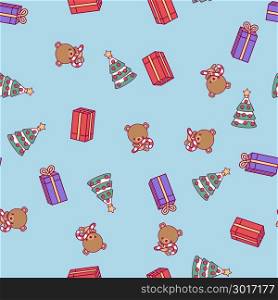 New Year pattern. Christmas tree, teddy bear, boxes with gifts on a blue background.
