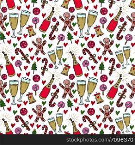 New Year pattern. Christmas wrapping paper. Cute seamless background with champagne, glass and sweets. New Year pattern. Christmas wrapping paper. Cute seamless background with champagne, glass and sweets.