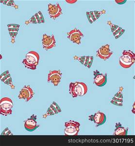 New Year pattern. Santa Claus, Christmas tree, deer on a blue background.