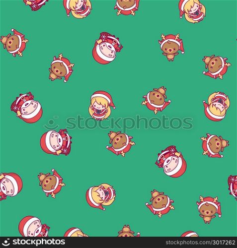 New Year pattern. santa claus, snow maiden, deer on a green background