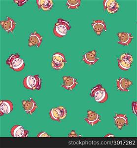 New Year pattern. santa claus, snow maiden, deer on a green background