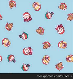 New Year pattern. Santa Claus, Snow Maiden, elf, deer on a blue background.