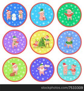 New Year pig character decorating pine evergreen tree giving gift vector. Presents exchange, snowfall and building snowman winter holiday activities. New Year Pig Decorating Pine Tree and Giving Gift