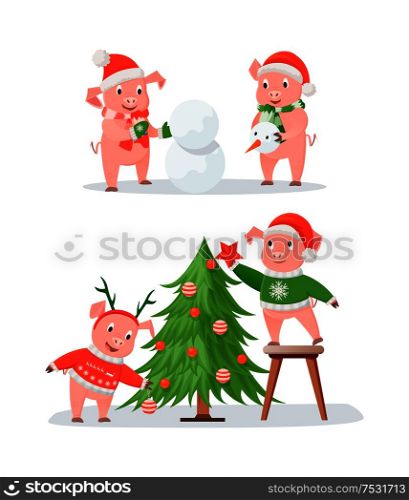New Year pig couples, Christmas tree and snowman. Pigs in Santa hats, knitted scarf and deer horns, winter holidays, zodiac animals vector illustrations. New Year Pig Couples, Christmas Tree and Snowman