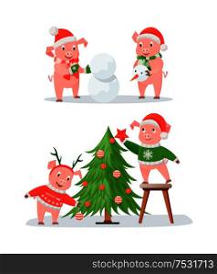 New Year pig couples, Christmas tree and snowman. Pigs in Santa hats, knitted scarf and deer horns, winter holidays, zodiac animals vector illustrations. New Year Pig Couples, Christmas Tree and Snowman