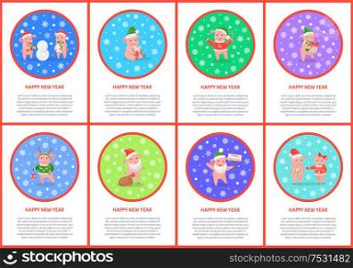 New Year pig greeting with presents, holding gifts in hands vector. Piglet building snowman, snowfall outdoors, animal wearing reindeer horns on head. New Year Pig Greeting with Presents Gifts in Hands