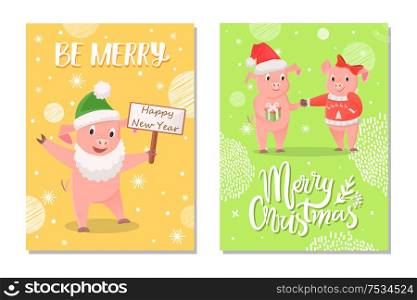 New Year piglets couples, gift box. Male with Santas hat and female with red bow, pigs exchanging presents vector. Cartoon pig wishing happy New Year. New Year Piglets Couples and Card Wishes Vector