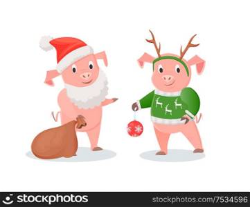 New Year pigs in Santa and deer costumes set. Farm animals in hat and beard or deer horns with knitted sweater, gifts sack and ball vector illustrations. New Year Piglets in Santa and Deer Costumes Set