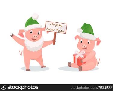 New Year pigs with gift box and greeting signboard. Piglets as zodiac symbol of 2019, white beard and hat, present with bow vector illustrations isolated. New Year Pigs with Gift Box and Greeting Signboard