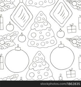 New Year&rsquo;s Coloring. Seamless vector pattern with Christmas tree decorations, gifts. Can be used for fabric, packaging, wrapping paper and etc. Seamless vector pattern. Christmas tree decorations. Pattern in hand draw style