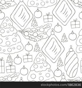 New Year&rsquo;s Coloring. Seamless vector pattern with Christmas tree decorations, gifts. Pattern in hand draw style. Can be used for fabric and etc. Seamless vector pattern. Christmas tree decorations. Pattern in hand draw style