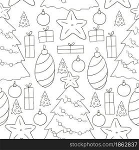 New Year&rsquo;s Coloring. Seamless vector pattern with stars, Christmas tree decorations. Can be used for fabric, packaging, wrapping paper, textile and etc. Seamless vector pattern. Christmas tree decorations. Pattern in hand draw style