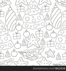 New Year&rsquo;s Coloring. Seamless vector pattern with stars, Christmas tree decorations. Pattern in hand draw style. Can be used for fabric, packaging and etc. Seamless vector pattern. Christmas tree decorations. Pattern in hand draw style