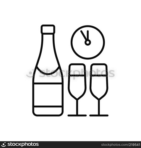 New Year's Eve party linear icon. Thin line illustration. Champagne bottle and glasses, clock contour symbol. Vector isolated outline drawing. New Year's Eve party linear icon