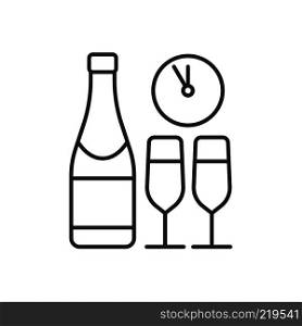 New Year's Eve party linear icon. Thin line illustration. Champagne bottle and glasses, clock contour symbol. Vector isolated outline drawing. New Year's Eve party linear icon
