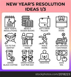 New year&rsquo;s resolution ideas icon set in modern style for ui, ux, web, app, brochure, flyer and presentation design, etc.. New year&rsquo;s resolution ideas icon set